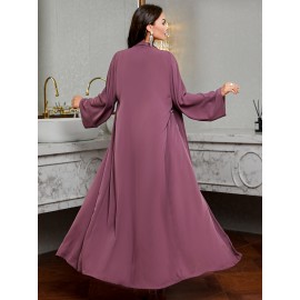 [Handmade Beaded Abaya Set] 3136 Handmade Beaded Abaya Set for Women - Lavender Long Tunic with Golden Accents, Includes Camisole and Outerwear, Perfect for Spring/Summer, Casual Elegant Wear, Elegant Attire | Beaded Embellishments | Nonstretch Fabric