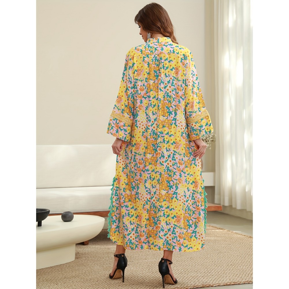 Elegant Floral Print Abaya with Golden Accents - Long Sleeve, Mid-Length, Loose Fit, Slit Hem, Embroidered Detail, Perfect for Saudi National Day, All-Season Wear, Cultural Attire|Floral Print Abaya|Embroidered Detailing, Abaya Dress