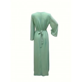 Elegant Floral Printed 1pc Long Sleeve Abaya - Polyester Chiffon Summer Robe with Rhinestone Embellishments and Belt for Middle Eastern Women