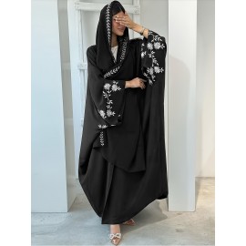1pc Middle Eastern-Inspired Embroidered Scarf-Style Abaya Cardigan for Women - Solid Color Long Sleeve Loose Fit Breathable All-Season Versatile Muslim Bayan Elbiseleri