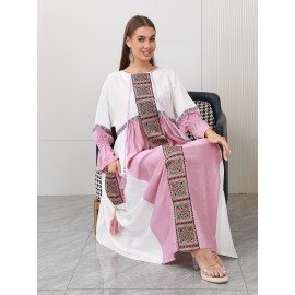New Design Directional Palace Style Heavy Embroidery Pink Tassel Pendant Ruffle Elastic Three-Quarter Sleeve Double-Pocket Gown for Saudi National Day