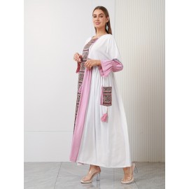 New Design Directional Palace Style Heavy Embroidery Pink Tassel Pendant Ruffle Elastic Three-Quarter Sleeve Double-Pocket Gown for Saudi National Day