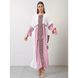 New Design Directional Palace Style Heavy Embroidery Pink Tassel Pendant Ruffle Elastic Three-Quarter Sleeve Double-Pocket Gown for Saudi National Day