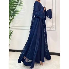 Elegant Black Lace Abaya with Contrast Lace Trim - Long Sleeve, Floor-Length, Belted, All-Season Wear, Traditional Middle Eastern Attire for Women, Cultural Attire|Elegant Abaya|Lace Trim Abaya