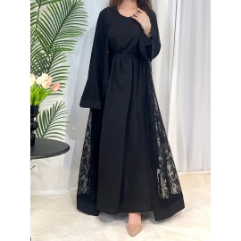 Elegant Black Lace Abaya with Contrast Lace Trim - Long Sleeve, Floor-Length, Belted, All-Season Wear, Traditional Middle Eastern Attire for Women, Cultural Attire|Elegant Abaya|Lace Trim Abaya