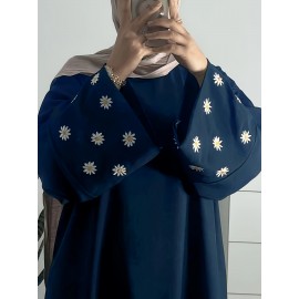 1pc Women's Islamic Abaya Dress - Elegant Hijab Outfit with Cuff Floral embroidery, Navy Blue Arabicrobe, Loose Fit Non-Stretch Muslim Dress for Daily Prayer, Office, Travel - No Scarf Needed, Modest Apparel, Quality Embroidery Detail