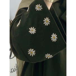 1pc Women's Islamic Abaya Dress - Elegant Hijab Outfit with Cuff Floral embroidery, Navy Blue Arabicrobe, Loose Fit Non-Stretch Muslim Dress for Daily Prayer, Office, Travel - No Scarf Needed, Modest Apparel, Quality Embroidery Detail