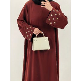 1pc Women's Islamic Abaya Dress - Elegant Hijab Outfit with Cuff Floral embroidery, Navy Blue Arabicrobe, Loose Fit Non-Stretch Muslim Dress for Daily Prayer, Office, Travel - No Scarf Needed, Modest Apparel, Quality Embroidery Detail