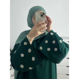 1pc Women's Islamic Abaya Dress - Elegant Hijab Outfit with Cuff Floral embroidery, Navy Blue Arabicrobe, Loose Fit Non-Stretch Muslim Dress for Daily Prayer, Office, Travel - No Scarf Needed, Modest Apparel, Quality Embroidery Detail