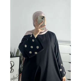 1pc Women's Islamic Abaya Dress - Elegant Hijab Outfit with Cuff Floral embroidery, Navy Blue Arabicrobe, Loose Fit Non-Stretch Muslim Dress for Daily Prayer, Office, Travel - No Scarf Needed, Modest Apparel, Quality Embroidery Detail