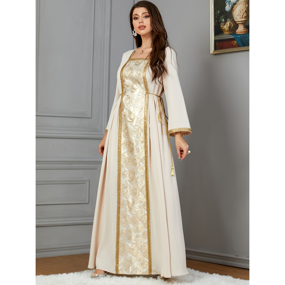 Elegant Golden Embroidered Abaya Dress - Long, Elegant Dress with Intricate Golden Floral Patterns, Perfect for Eid Celebrations, Festive Attire|Elegant Abaya|Long Abaya