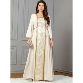 Elegant Golden Embroidered Abaya Dress - Long, Elegant Dress with Intricate Golden Floral Patterns, Perfect for Eid Celebrations, Festive Attire|Elegant Abaya|Long Abaya