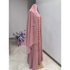 Middle Eastern Muslim Fashion Long Sleeve Embroidered Contrast Lace Patchwork Abaya Dress and Hijab Three-Piece Set