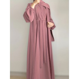 3pcs Traditional Middle Eastern Abaya Dress Set - Long Sleeve, Belted Waist, Solid Color, Non-Stretch Fabric, Spring/Summer/Fall Wear, Includes Cardigan, Dress, and Headscarf, Cultural Attire|Traditional Attire|Belted Waist Dress