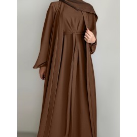 3pcs Traditional Middle Eastern Abaya Dress Set - Long Sleeve, Belted Waist, Solid Color, Non-Stretch Fabric, Spring/Summer/Fall Wear, Includes Cardigan, Dress, and Headscarf, Cultural Attire|Traditional Attire|Belted Waist Dress