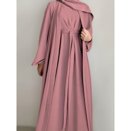 3pcs Traditional Middle Eastern Abaya Dress Set - Long Sleeve, Belted Waist, Solid Color, Non-Stretch Fabric, Spring/Summer/Fall Wear, Includes Cardigan, Dress, and Headscarf, Cultural Attire|Traditional Attire|Belted Waist Dress