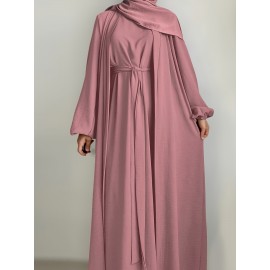 3pcs Traditional Middle Eastern Abaya Dress Set - Long Sleeve, Belted Waist, Solid Color, Non-Stretch Fabric, Spring/Summer/Fall Wear, Includes Cardigan, Dress, and Headscarf, Cultural Attire|Traditional Attire|Belted Waist Dress