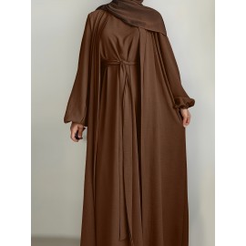 3pcs Traditional Middle Eastern Abaya Dress Set - Long Sleeve, Belted Waist, Solid Color, Non-Stretch Fabric, Spring/Summer/Fall Wear, Includes Cardigan, Dress, and Headscarf, Cultural Attire|Traditional Attire|Belted Waist Dress