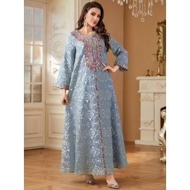 Elegant Floral Sequin Embroidered Long Sleeve Dress - Traditional Middle Eastern Style, Polyester Lined, All-Season Wear