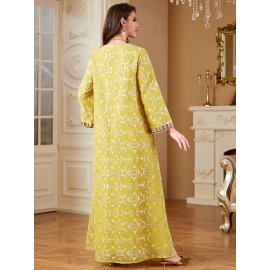 Elegant Floral Sequin Embroidered Long Sleeve Dress - Traditional Middle Eastern Style, Polyester Lined, All-Season Wear