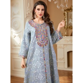 Elegant Floral Sequin Embroidered Long Sleeve Dress - Traditional Middle Eastern Style, Polyester Lined, All-Season Wear