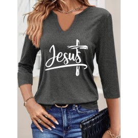 [Jesus Print Casual Top] Comfortable Polyester Women's Casual V-Neck 3/4 Sleeve Top with 