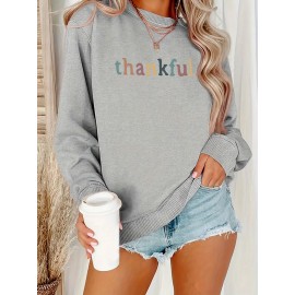 [Thankful Print Sweatshirt] Women's Casual Thankful Print Sweatshirt - 100% Polyester Knit Crew Neck Long Sleeve Top For Fall/Winter - Soft, Machine Washable, Plus Size Comfort Wear