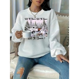Christmas Trucks Letter Print Sweatshirt for Women - Casual Waffle Knit Long Sleeve Pullover - Soft, Breathable, Comfortable Fall/Winter Design - Merry Christmas Casual Wear