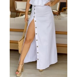 Elegant Sleeveless Blouse & High-Waisted Skirt Set - Chic Open Collar, Button Detail, Flowy Design for Women - Perfect for Spring/Summer, Office or Casual Outings, Office Attire|Sleek Formal Attire|Polyester Fabric