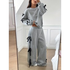 Solid Color Women's Casual Loose Bow Decoration Long Sleeve Top and Pants Two-Piece Set