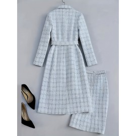 [Chic Plaid Suit] Long Sleeve Plaid Midi Suit Jacket and Skirt Set, Chic Women's Halter Dress Outfit