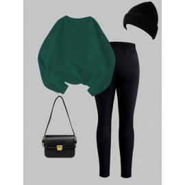 2pcs Set Women'S Casual New York Monogram Print Long Sleeve Knitted Polyester Spandex Crew Neck Sweatshirt & Sweatpants Set, Comfortable Stretch Fabric, 250g/m² 230g/m², for Fall, Winter, Outdoor Use