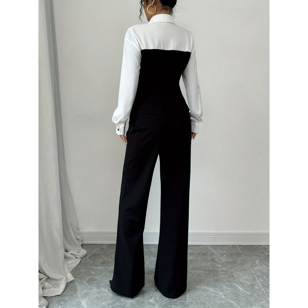Women'S Elegant Two-Piece Outfit: Color Block Long Sleeve Shirt + Wide-Leg Pants, Polyester Blend, All-Season Wear, Casual Attire|Elegant Two-Piece|Polyester Blend
