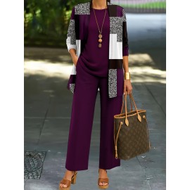 Spring and Summer Three-Piece Color-Block Print Set with Long Sleeve Jacket, Vest, and Pants for Women