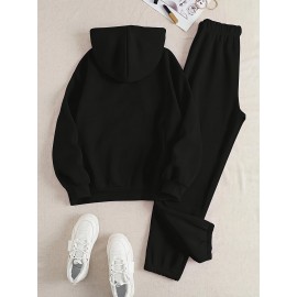 [Women's Hooded Tracksuit Set] Elegant Women's Hooded Tracksuit Set, Polyester Knit Fabric, Alphabet Pattern, Comfortable Loungewear, with Pink Bow Detail, for Fall/Winter