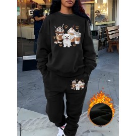 [Graphic Print Two Piece Set] Graphic Print Two Piece Set | Women's Crew Neck Sweatshirt & Pants Clothing