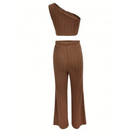 Women'S Stylish Brown Crop Top & Wide-Leg Pants Set - Casual, Asymmetrical Hem, Ribbed Texture, Perfect for Spring & Fall, Casual Wear|Asymmetrical Hemline| Construction
