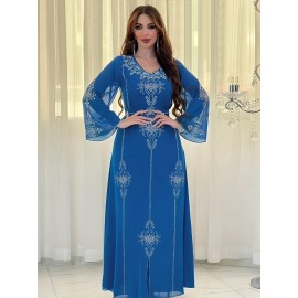 Elegant Floral Printed 1pc Long Sleeve Abaya - Polyester Chiffon Summer Robe with Rhinestone Embellishments and Belt for Middle Eastern Women