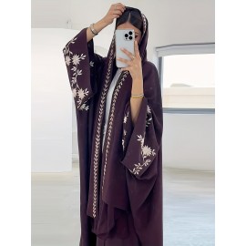 1pc Middle Eastern-Inspired Embroidered Scarf-Style Abaya Cardigan for Women - Solid Color Long Sleeve Loose Fit Breathable All-Season Versatile Muslim Bayan Elbiseleri
