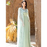 Women's Sleeveless Rhinestone-Embellished Mint Green Gown - Middle Eastern-Inspired Elegant Long Dress with Round Neck for Spring/Summer, Hand Wash Only