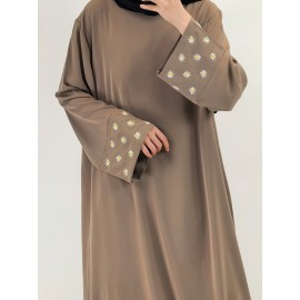 1pc Women's Islamic Abaya Dress - Elegant Hijab Outfit with Cuff Floral embroidery, Navy Blue Arabicrobe, Loose Fit Non-Stretch Muslim Dress for Daily Prayer, Office, Travel - No Scarf Needed, Modest Apparel, Quality Embroidery Detail