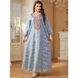 Elegant Floral Sequin Embroidered Long Sleeve Dress - Traditional Middle Eastern Style, Polyester Lined, All-Season Wear