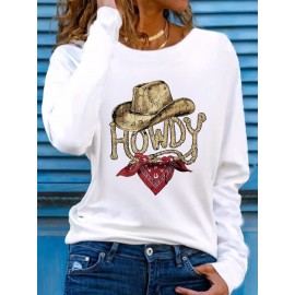 Women's Western Cowboy Graphic Long Sleeve Top - Vintage HOWDY Print with Hat & Bandana Design, Soft Grey All-Season Casual Shirt, Machine Washable Round Neck Women's Clothing, Seasonal Fashion, Comfortable Fit
