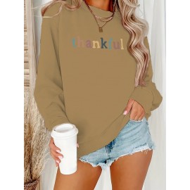 [Thankful Print Sweatshirt] Women's Casual Thankful Print Sweatshirt - 100% Polyester Knit Crew Neck Long Sleeve Top For Fall/Winter - Soft, Machine Washable, Plus Size Comfort Wear