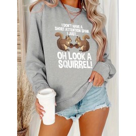 Women'S Plus Size Cartoon Squirrel Graphic Sweatshirt - Casual Long Sleeve Crew Neck, Machine Washable Polyester, Fall/Winter Sportswear with Funny Squirrel Applique Design
