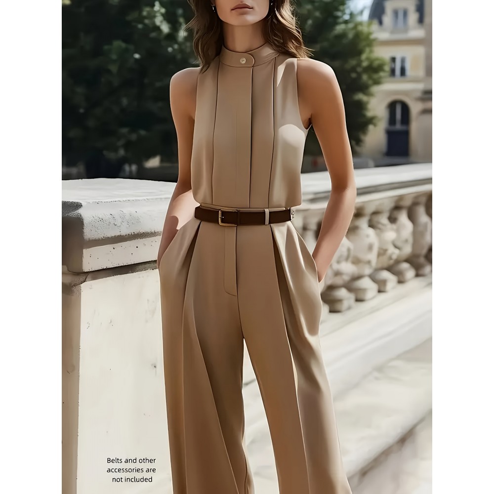 Elegant High Neck Sleeveless Waistcoat & Wide-Leg Pants Set - Chic Spring/Summer Outfit, Solid Color, Regular Fit, Perfect for Casual Or Formal Occasions, Casual Chic Outfit | High Neck Waistcoat | Belted Waistcoat, Ladies Pant Sets