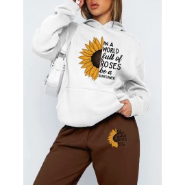 Autumn Winter New Arrival, Sunflower Creative Letter Print Hoodie Sweatshirt and Pants Two-Piece Set, Casual Style, with Pocket, for Women, Fall/Winter Collection, Graphic Design, Long Sleeve, Comfortable Fit, Perfect for Outdoor